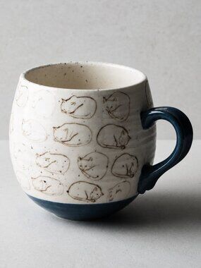 ANTHROPOLOGIE LEAH REENA GOREN Cat Study Stoneware Mug Quirky Cute Kitchen